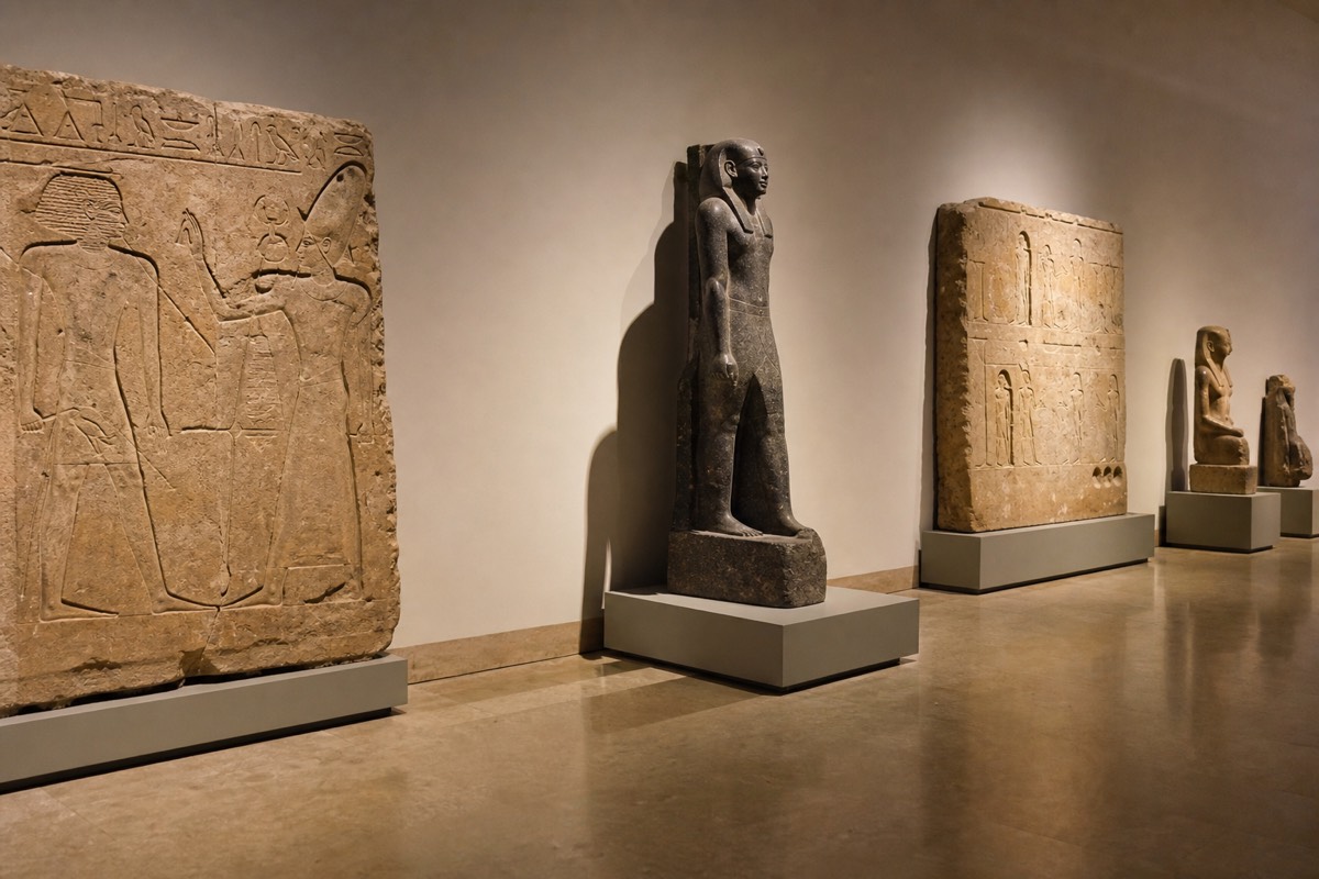 Statuary in the main galleries of the Grand Egyptian Museum